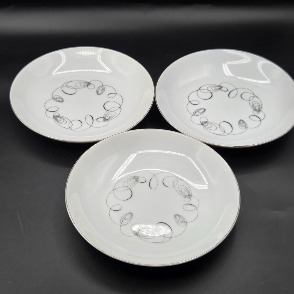 Three (3) Tempo By Meito Japan 7.5" White Salad Plates Silver Swirl & Rim MCM